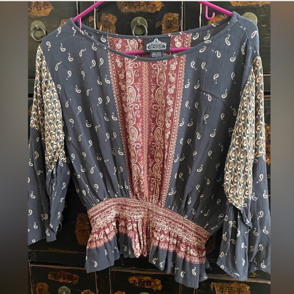 Angie Women's Bohemian Navy and Burgundy Top